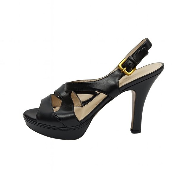 Prada Designer Leather Slingback Peep Toe High Heel Platform Sandals Black 9.5 - Picture 1 of 16